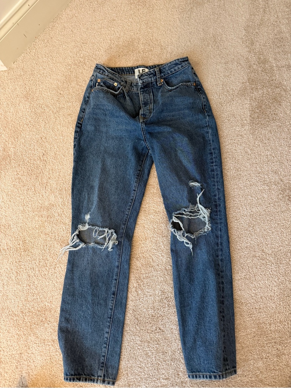 Lovers + Friends Dark Indigo Distressed Boyfriend Jeans